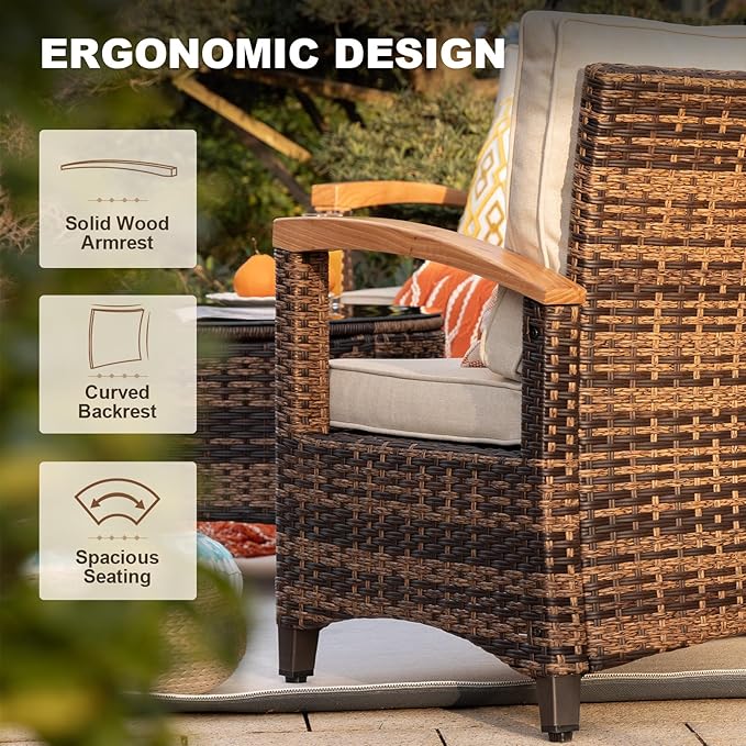 MEISSALIVVE 9 Piece Outdoor Patio Furniture Set, Half-Moon Curved Sectional Sofa Rattan Conversation Set with 2 Wood Armrests Swivel Rocker Chairs, Round Coffee Table & Side Table（Brown）