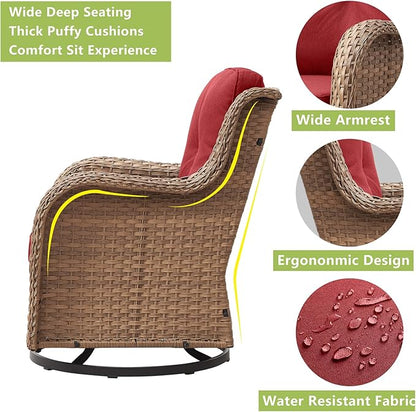 Outdoor Wicker Patio Furniture Set - 5 Piece Rattan Patio Conversation Set with 2 Rocking Swivel Chairs,2 Ottomans and 1 Sofa for Porch Deck Backyard Garden(Yellow/Red)