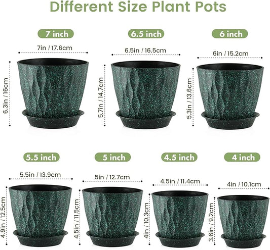 7/6.5/6/5.5/5/4.5/4 inch Plant Pots for Indoor Outdoor Plants, 7 Pack Thick Flower Pots with Drainage Holes and Saucers, Wave Texture Plastic Planters Nursery Pots, Black with Green Speckles