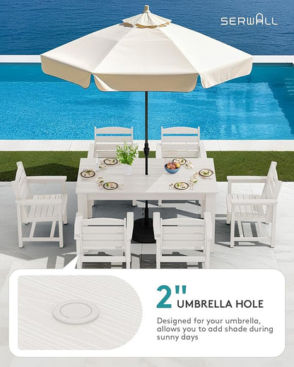 SERWALL Patio Dining Set for 6, Outdoor Dining Sets for 6 Person with 1 Umbrella Hole Cut-Out Rectangular Table and 6 Chairs, HDPE Dining Sets for Garden, Backyard, Poolside, White