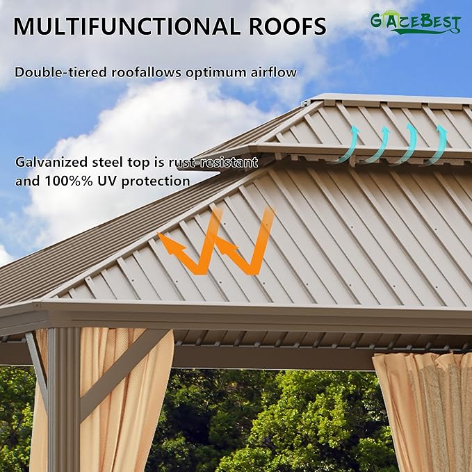 12x20 ft Hardtop Gazebo Outdoor Aluminum Patio Gazebo Double Roof Galvanized Steel Canopy with Netting and Curtains for Garden, Backyard,Deck and Lawns