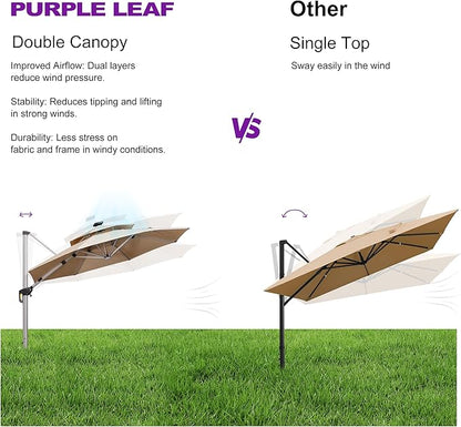PURPLE LEAF 12ft Solar powered LED Patio Umbrella Outdoor Round Umbrellas Large Cantilever Umbrellas with LED lights Windproof Offset Umbrella Heavy Duty Sun Umbrella for Garden Deck Pool Patio, Beige