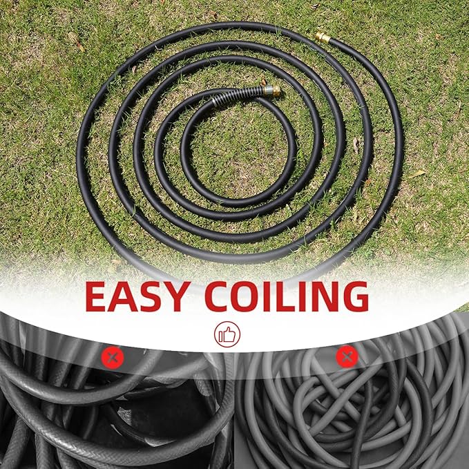 WiseFlow Garden Hose 50FT x 5/8", Heavy Duty Rubber Hose, Water Hose with Five Layered Braiding, Male Female Fittings, 1000PSI Burst, 300PSI Working (Black)