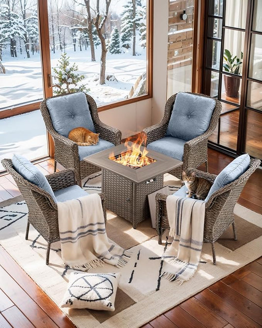 Outdoor Patio Chairs with Fire Pit Table 5 Piece Set - High Back Brown Wicker Rattan Lawn Chair with Thick Cushion for Porch Apartment Deck Yard Poolside Garden - Baby Blue