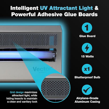 Catchmaster Vector 15, UV Light Fly Traps Indoor for Home, Electric Gnat Traps for House Indoor, Shatterproof Bulbs UV Lamp Fly, Insect & Mosquito Killer, Silent Bug Light for Kitchen, Shed, Garage