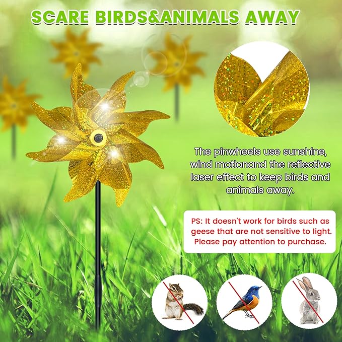 10 PCS Reflective Pinwheels for Yard and Garden Bird Devices Pre-Installed Sparkly Wind Spinner Deterrent to Scare Birds Away from Yard Patio Farm (Yellow)