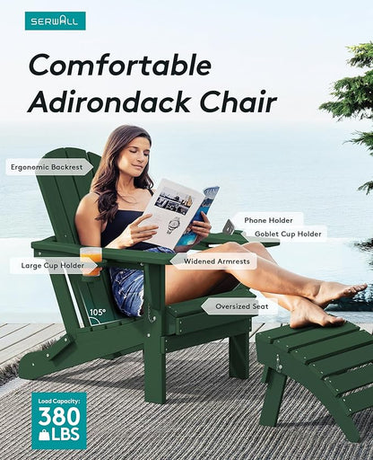 SERWALL Adirondack Chair with Cup Holders - Composite Adirondack Chairs HDPE Outdoor Chairs All Weather Use- Green