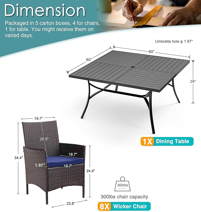 PHI VILLA 9 Pieces Square Outdoor Dining Set for 8, 60” Metal Iron Dining Table & Rattan Wicker Chairs with Cushions, Large Dining Furniture Set for Patio, Deck, Yard, Porch