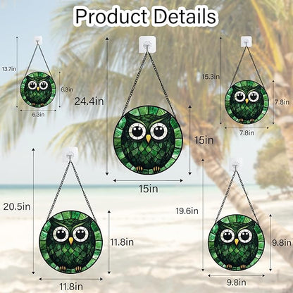Stained Glass Window Hanging - Green Owl Suncatcher for Doors Garden Patio Funny Bird Sun Catchers Decor Christmas Mother's Day Birthday Teenager Gifts for Women Men Mom Nana Friend 11.8 in