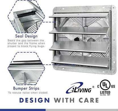 iLIVING 16" Wall Mounted Shutter Exhaust Fan, Automatic Shutter, with Thermostat and Variable Speed controller, 0.85A, 1200 CFM, 1800 SQF Coverage Area Silver (ILG8SF16V-ST)