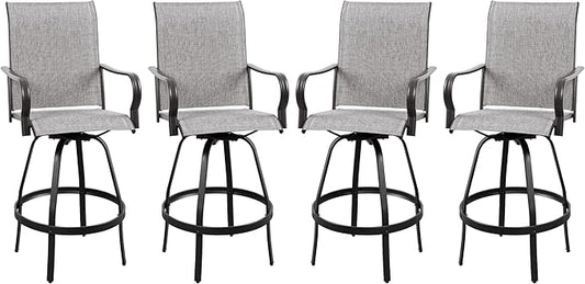 Vongrasig 4 Piece Patio Swivel Bar Chairs, All Weather Metal Textile High Swivel Bar Stools Chairs, Outdoor High Top Bistro Set for Backyard, Lawn Garden, Balcony, Light Grey