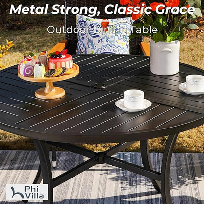 PHI VILLA Outdoor Modern Round Dining Table Set for 4 with Swivel Chairs, Patio Furniture Set of 5, Metal Circle Table with Umbrella Hole & Wrought Iron Chairs with Cushion Backyard