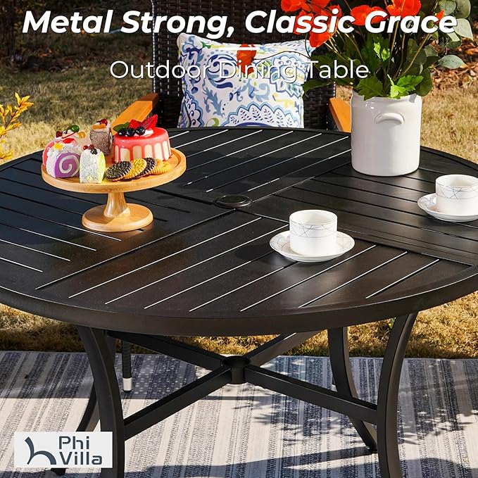 PHI VILLA 5 Piece Outdoor Dining Table Set for 4, 42” Round Steel Dining Table with Umbrella Hole & 4 Black Stacking Metal Chairs for Patio, Deck, Yard, Porch