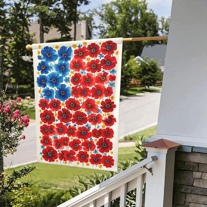 4th of July Flower Garden Flag Independence Day Decorations Vertical Double Sided Outdoor Yard Flags 12.5x18 Inch Burlap Banners for House Lawn