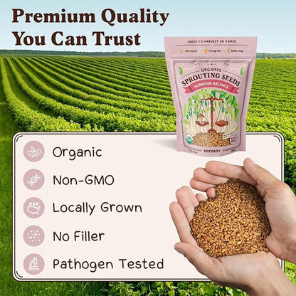 Seedboy Organic Non-GMO Sprouting Seeds, Hormone Balance Blend - USA Grown Microgreens Mix with Golden Flax, Red Clover, Fenugreek - 8 oz Bag Makes 8 Quarts / 24 Servings (Hormone Balance Blend)