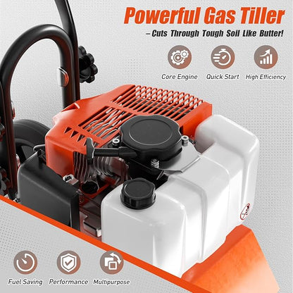 62cc Gas Tiller Cultivator, 10-Inch 2-Cycle Gas Powered Garden Tiller for Heavy Duty Soil, Self-Propelled Lawn Tiller with 4 Steel Tines & Adjustable Handle, Easy Pull Start for Clay/Dirt