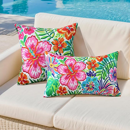 Outdoor Pillow Covers 12x20 Inch Set of 2 Tropical Floral Plants Boho Throw Pillows Cases Waterproof Lumbar Garden Cushion Sham for Patio Funiture Tent Balcony Bench Sofa Couch