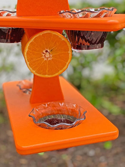 DutchCrafters Plastic Poly Double Platform Hanging Oriole Bird Feeder with Fruit Slice Holders & Nectar Cups, Jelly Bird Feeders for Outside - Amish Made in USA (Triple, Bright Orange)