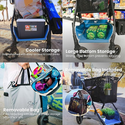 Strolee Large Wheeled Collapsible Beach Cart for Soft Sand, Shopping, Camping & Garden- Lightweight Aluminum Frame- Removable Storage Bag with Carrying Straps, X-L Capacity & Cooler Rack Dark Grey