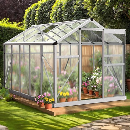 VINGLI 6x10FT Heavy Duty Polycarbonate Greenhouse with 5 Roof Vents, Aluminum Sliding Door, Silver
