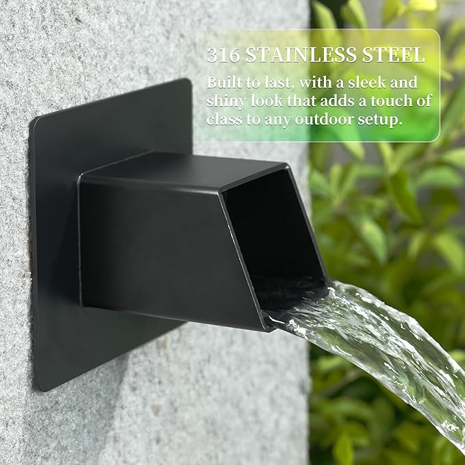 2 Inch 316 Stainless Steel Square Water Fountain Spout with Integrated Spray Baffle, Waterfall Spillway Scupper for Outdoor Decors, Pools, Ponds, Water Walls (Black)