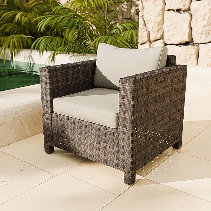 EAGLE PEAK Harbor Haven Wicker Patio Chair, Deep Seating Armchair, Weather Resistant Outdoor Furniture for Patio, Deck, Garden, Brown/Beige