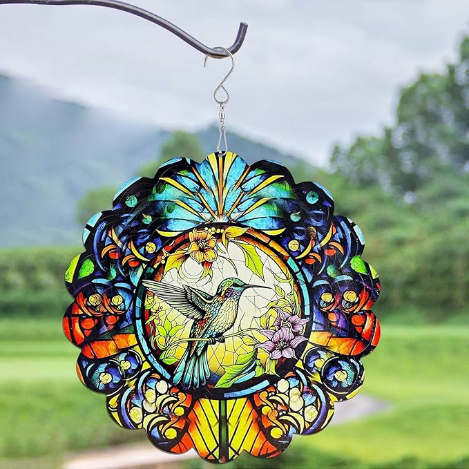 Wind Spinners Hummingbird Arts12 inch 3D Stainless Steel Laser Cut Metal Art Geometric Pattern Wind Sculpture Hanging for Yard Garden Decorations Gifts Indoor Outdoor