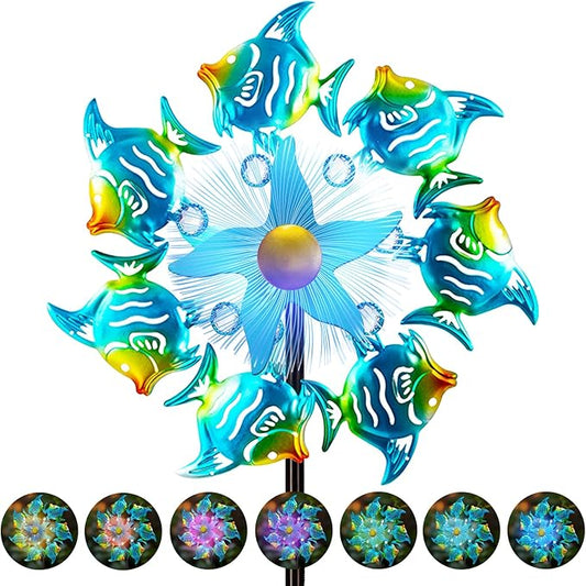Solar Wind Spinners Outdoor, 51" Waterproof Metal Stake Tropical Fish Sculpture with 7 Color LED Lights 360° Rotating Kinetic Solar Windmill for Yard Garden Lawn Patio Decor