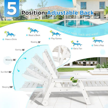 nalone Outdoor Chaise Lounge Chair Set of 2 with Wheels & Cup Holder, HDPE Pool Lounge Chairs with 5-Position Adjustable Backrest Supports Up to 400 LBS for Patio Poolside Deck Beach Backyard (White)