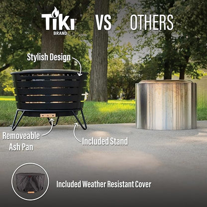 TIKI Patio Fire Pit Bundle – 25-Inch Smokeless Wood Burning Outdoor Fire Pit for Backyard, Patio, Deck & Garden with Removable Ash Pan, Stand & Weather-Resistant Cover – Modern Black Stainless Steel