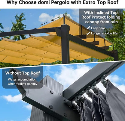 Domi Outdoor Living 9’ x 13’ Outdoor Retractable Pergola Against The Wall with Weather-Resistant Canopy Aluminum Garden Pergola Patio Grill Gazebo for Courtyard(Beige Canopy)