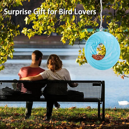 Bird Feeder Fly Through Bird Feeders for Outside Hanging with Round Shape Glass Container Solar Wild Birds Feeder for Garden Decor, 8-Inch (Cyan)