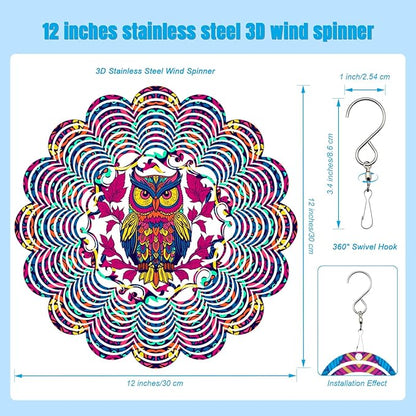 Wind Spinners Outdoor, Owl Metal 3D Hanging Garden Decor, 12-inch Stainless Steel Wind Spinner with Tail Spinner, Wind Sculptures for Patio Lawn Yard, Ornament Gift for Women/Men