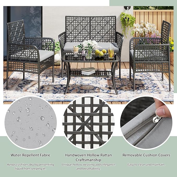 4-Piece Patio Furniture Set, Weather-Resistant Rattan Patio Conversation Set with Two-Tier Coffee Table, Upholstered Openwork Wicker Furniture for Porch, Garden, Lawn, Gray