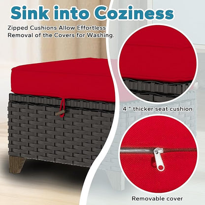 2 Pieces Patio Outdoor Ottomans with Removable and Washable Covers，PE Rattan Wicker Footstools for Porch, Garden, Sunroom (Red)
