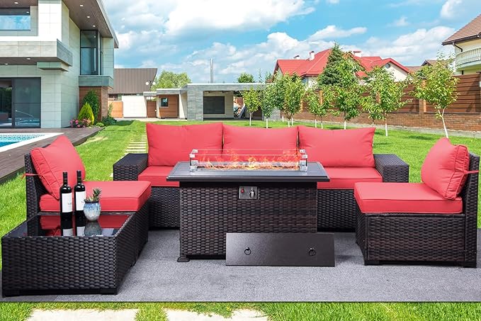 Outdoor Patio Furniture Set with Propane Fire Pit Table, 7 Pieces Outdoor Furniture Patio Sectional Sofa Conversation Sets w/ETL Approved 43" Gas Outdoor Fire Table & Coffee Table RED.