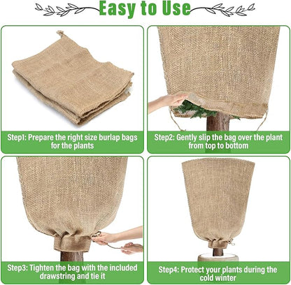 Riare 4 Packs 24 × 40 Inch Burlap Winter Plant Cover Bags with Drawstring- Reusable Large Burlap Sack Plant Frost Protector, Plant Frost Cloth Cold Tree Freeze Blanket for Outdoor Plants Fruit Shrubs