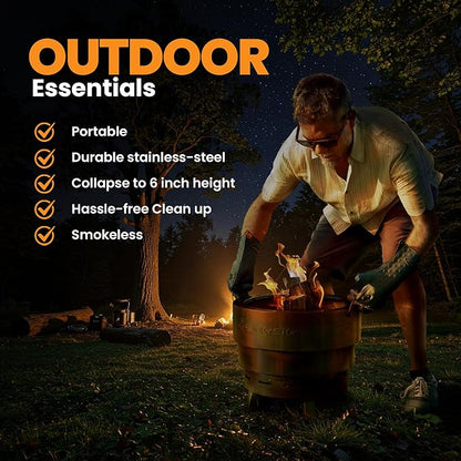 Slinky Stove Smokeless Fire Pit for Outdoor Wood-Burning - 23-Inch Patented Collapsible Firepit with Cooking Grill - Portable Stainless Steel Solo Pit for Camping, Backyard, Patio Bonfires