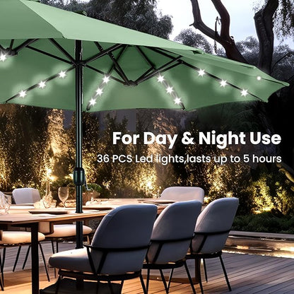 PHI VILLA 15ft Large Patio Umbrella with Solar Lights, Double-Sided Outdoor Market Rectangle Umbrellas with 36 LED Lights, Umbrella Base (Stand) Included, Mint Green