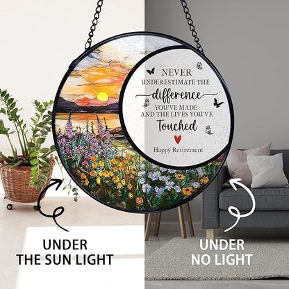TNUW Retirement Gifts Flower Stained Glass Window Hanging, Difference Maker Gift Sun Catchers Indoor Window Glass Round Wall Art Decor, Retired Gifts for Woman Wall Hanging Decorations, 7.9＂x7.9＂