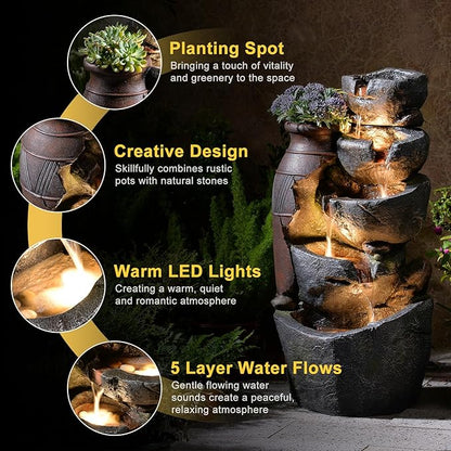 5-Tiers Cascading Rock Jar Water Fountain Outdoor, 31.7" H Outside Fountains and Waterfalls with 4 LED Lights for Patio, Deck, Porch, Backyard and Home Art Docor