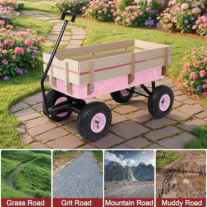 Outvita All-Terrain Cargo Wagon with 10'' Air Tires, Steel Structure Wagon with Removable Wooden Side Panels for Kids, Garden and Cargo, Up to 220lbs Capacity, 38'' L x 19'' W x 31'' H (Pink)