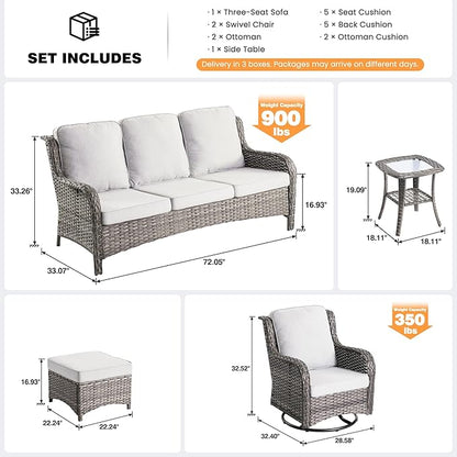 ovios 6 Pieces Patio Furniture Set, Outdoor Wicker Sofa Couch with Swivel Chairs Ottomans Comfy Cushions, High Back All Weather Modern Conversation Sets, Grey Rattan, Grey