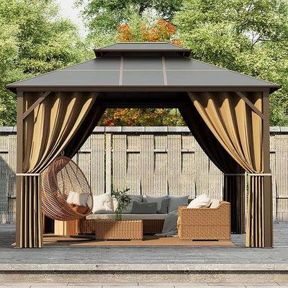 Kingdura Hardtop Gazebo 10'x12' with Double Polycarbonate Roof Canopy, Outdoor Gazebo with All-Weather Resistant Aluminum Frame Permanent Pavilion, UV Blocking for Patio Lawn Garden (Brown)