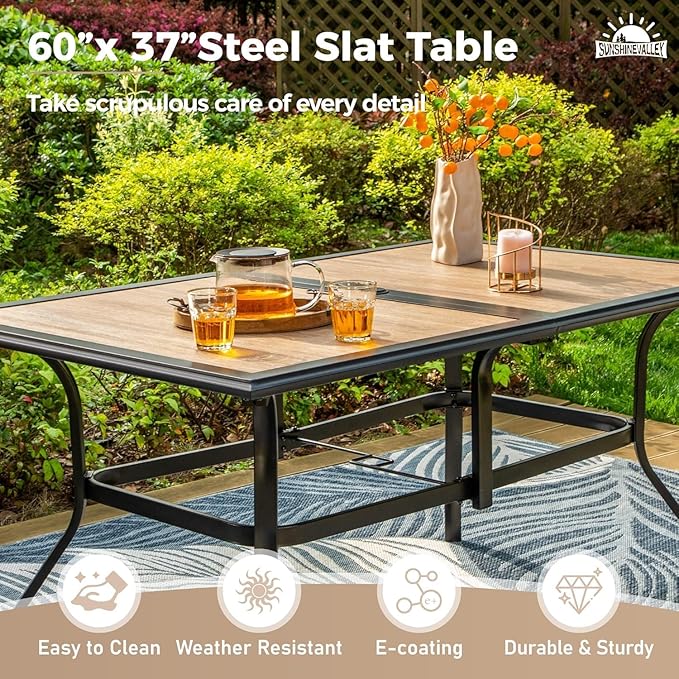 7 Pcs Patio Dining Set for 6, Rectangular Metal Dining Table (PVC Table Top) with Umbrella Hole and 6 Chairs, Outdoor Dining Set for Lawn Garden Deck, Blue