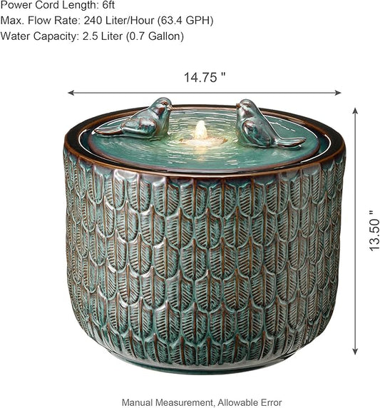 Glitzhome 14.75”H Outdoor Ceramic Water Fountain with LED Light and Pump, Embossed Leaf Pattern Floor Standing Bird Bath Fountain with Two Birds Decor for Patio Porch Deck Backyard, Turquoise