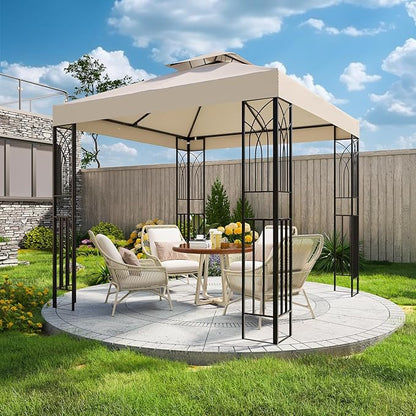COOS BAY 8x8 Outdoor Patio Gazebo with Corner Shelves, Two-Tier Soft Top Canopy for Backyard, Lawn, Deck and Garden, Beige