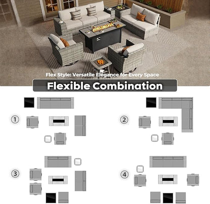 ovios 10 Pieces Patio Furniture Set, Outdoor Wicker Sectional Sofa with 54" Fire Pit Table Swivel Chairs, Modern Modular Deep Seat Rattan Couch Conversation Sets, Beige