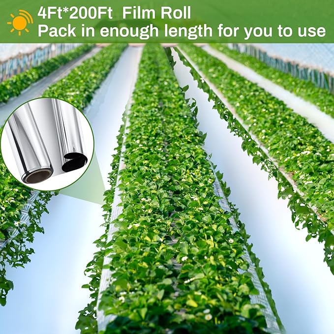 4 x 200 Ft Highly Reflective Film Roll Heavy Duty Horticulture Film Roll for Outdoor Indoor Plant Grow Tent Warm House Greenhouse Room, 2 Mil Silver