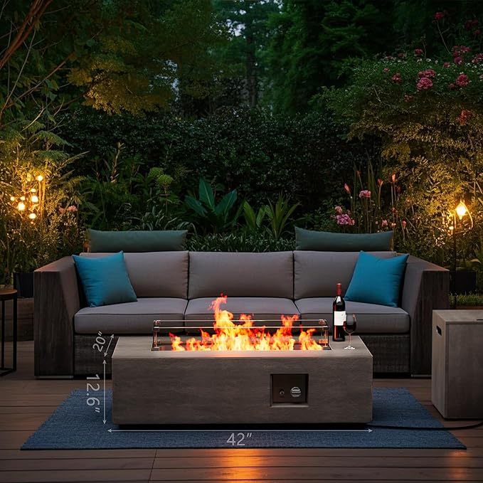 42" Outdoor Fire Pit Table, 50,000 BTU Gas Fire Pit with Glass Wind Guard, Fire Stones, Waterproof Cover, Propane Fire Pit Table for Outside Patio (Brown)